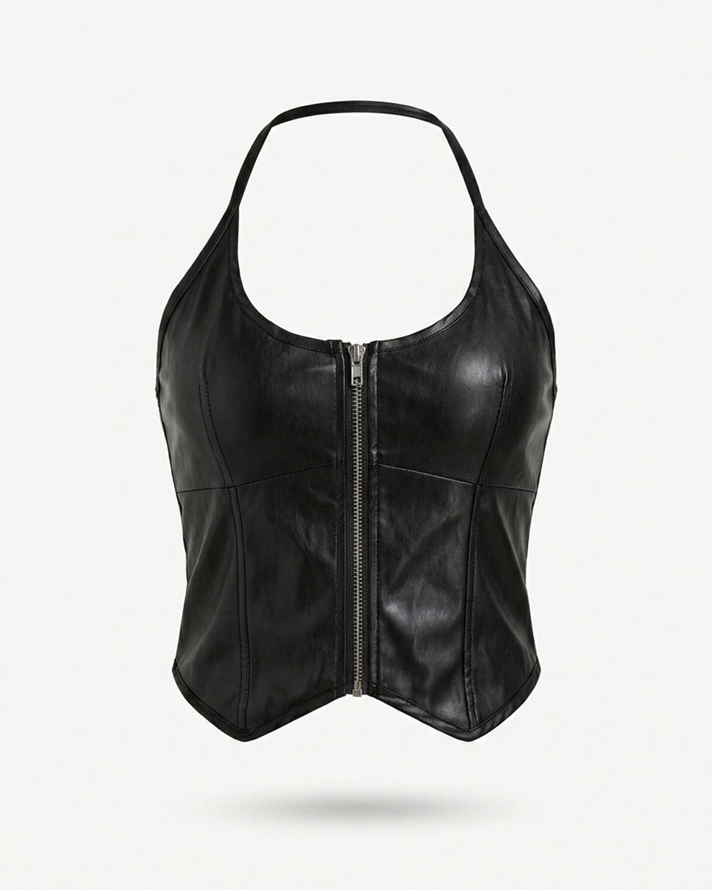 Black Faux Leather Zip-Up Corset Top for Women
