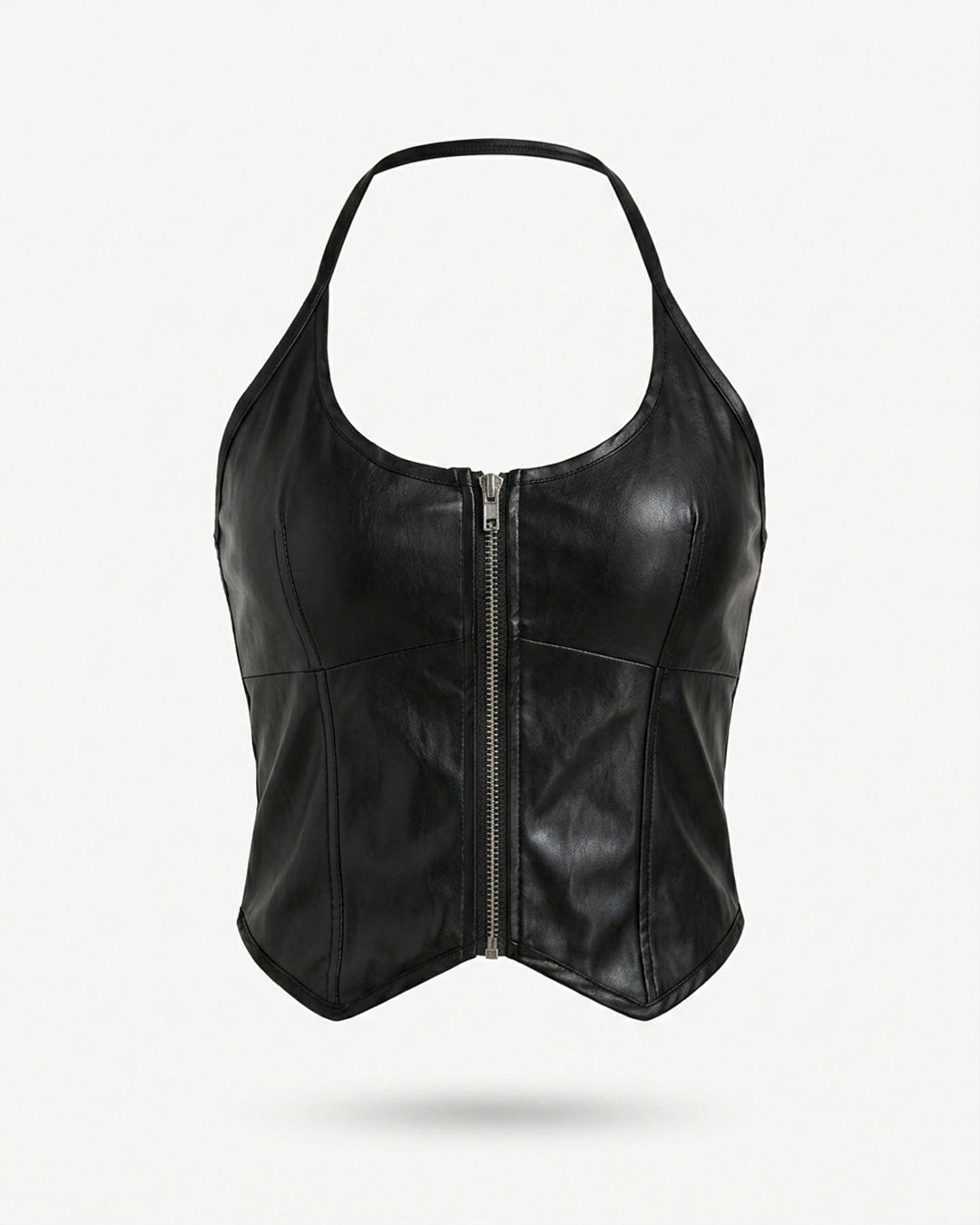 Black Faux Leather Zip-Up Corset Top for Women
