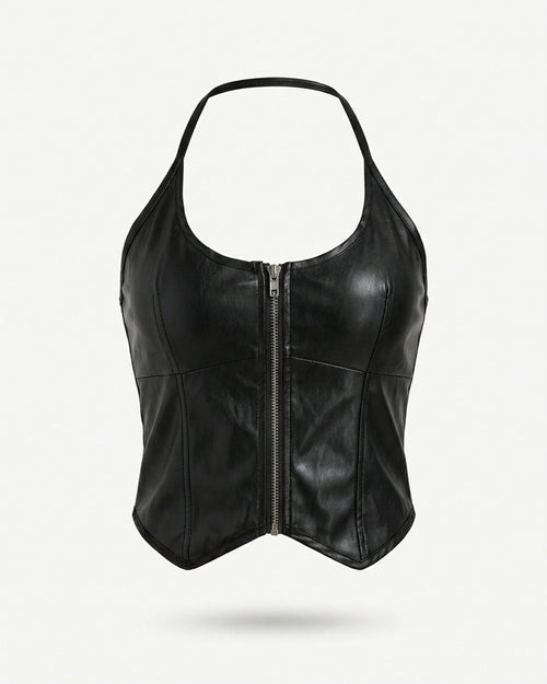 Black Faux Leather Zip-Up Corset Top for Women