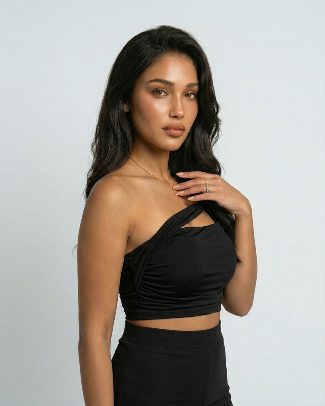 Black One-Shoulder Ruched Crop Top