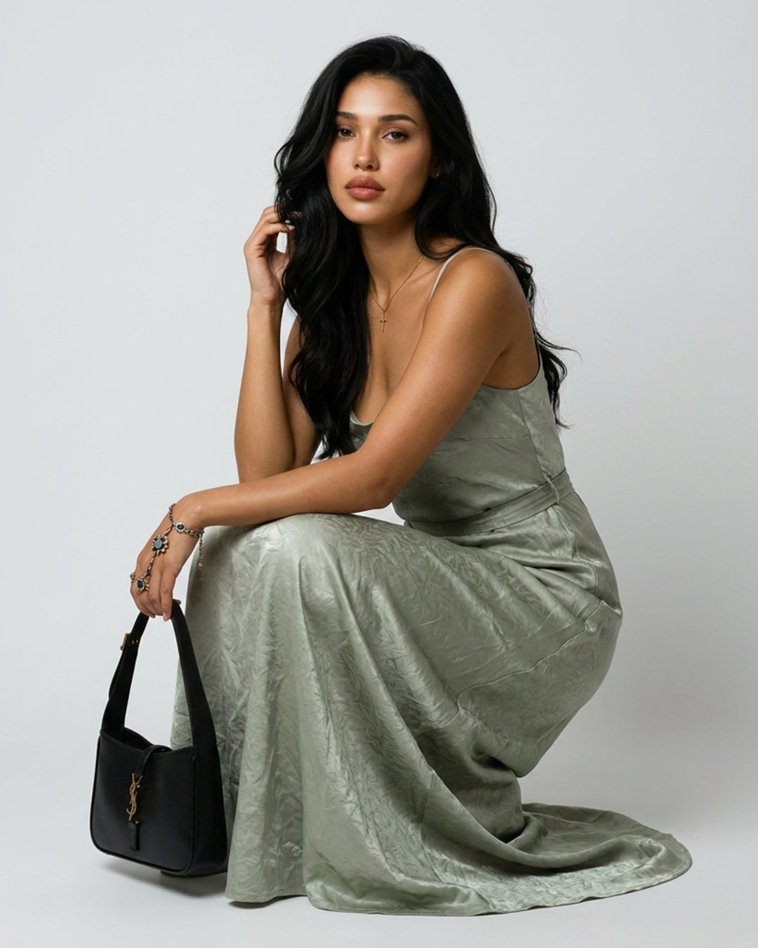 Ownle Women Front-Slit Satin Bodycon Dress