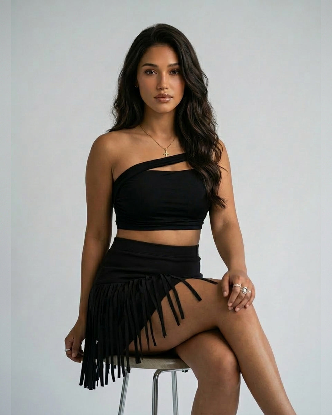 Black One-Shoulder Ruched Crop Top