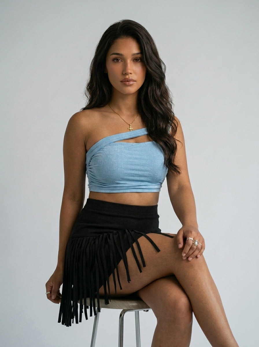 Black One-Shoulder Ruched Crop Top