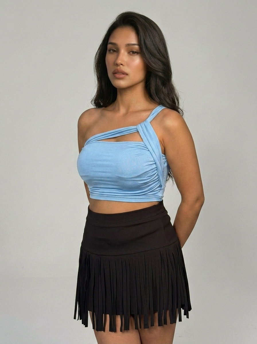 Black One-Shoulder Ruched Crop Top