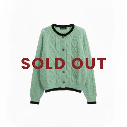 Classic Cable Knit Cardigan with Black Contrast Trim