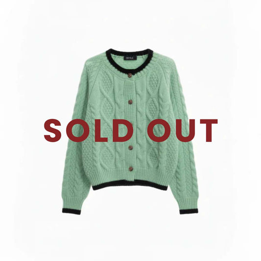 Classic Cable Knit Cardigan with Black Contrast Trim